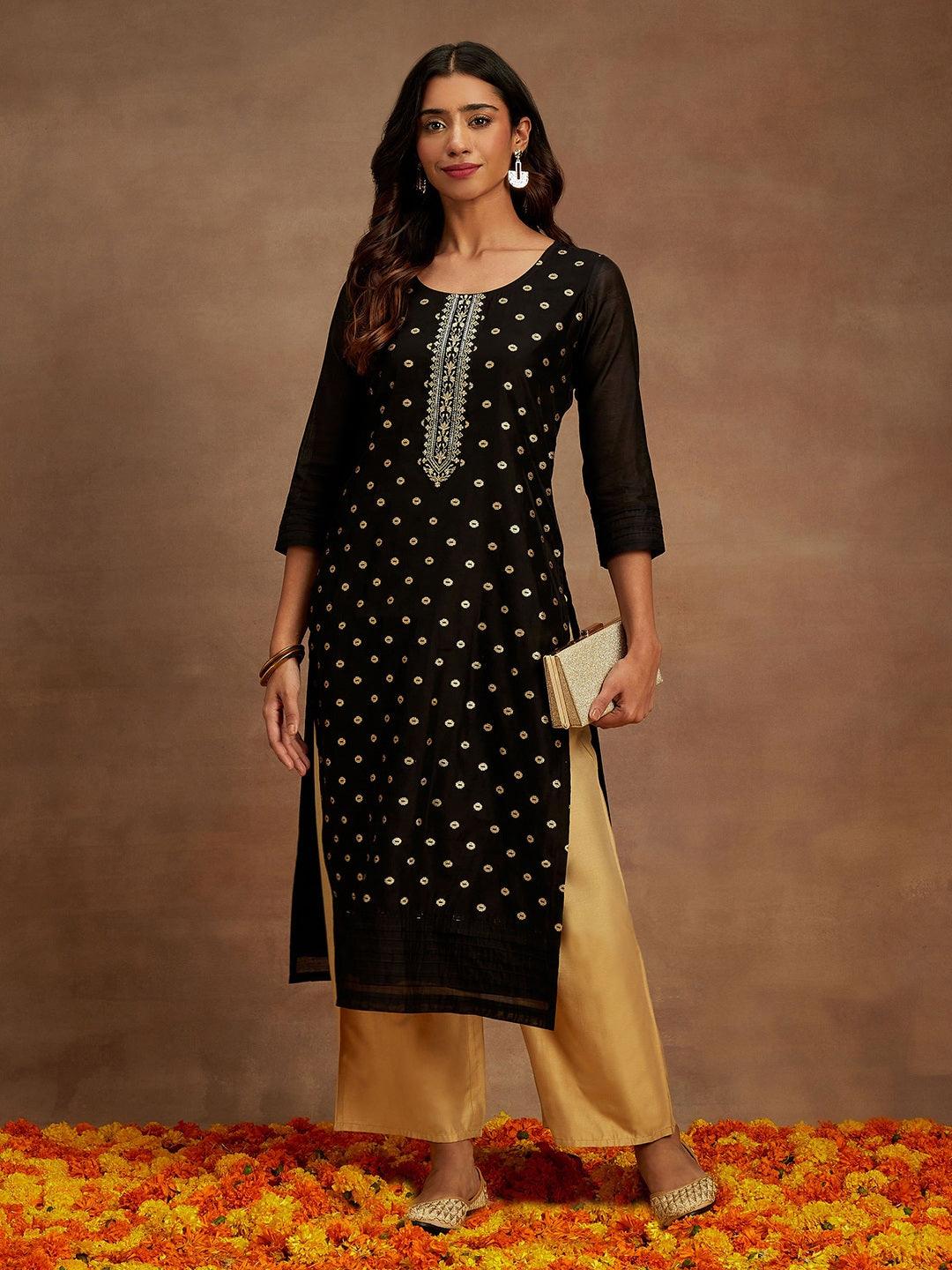 Black Woven Design Chanderi Silk Straight Kurta - Jashvi