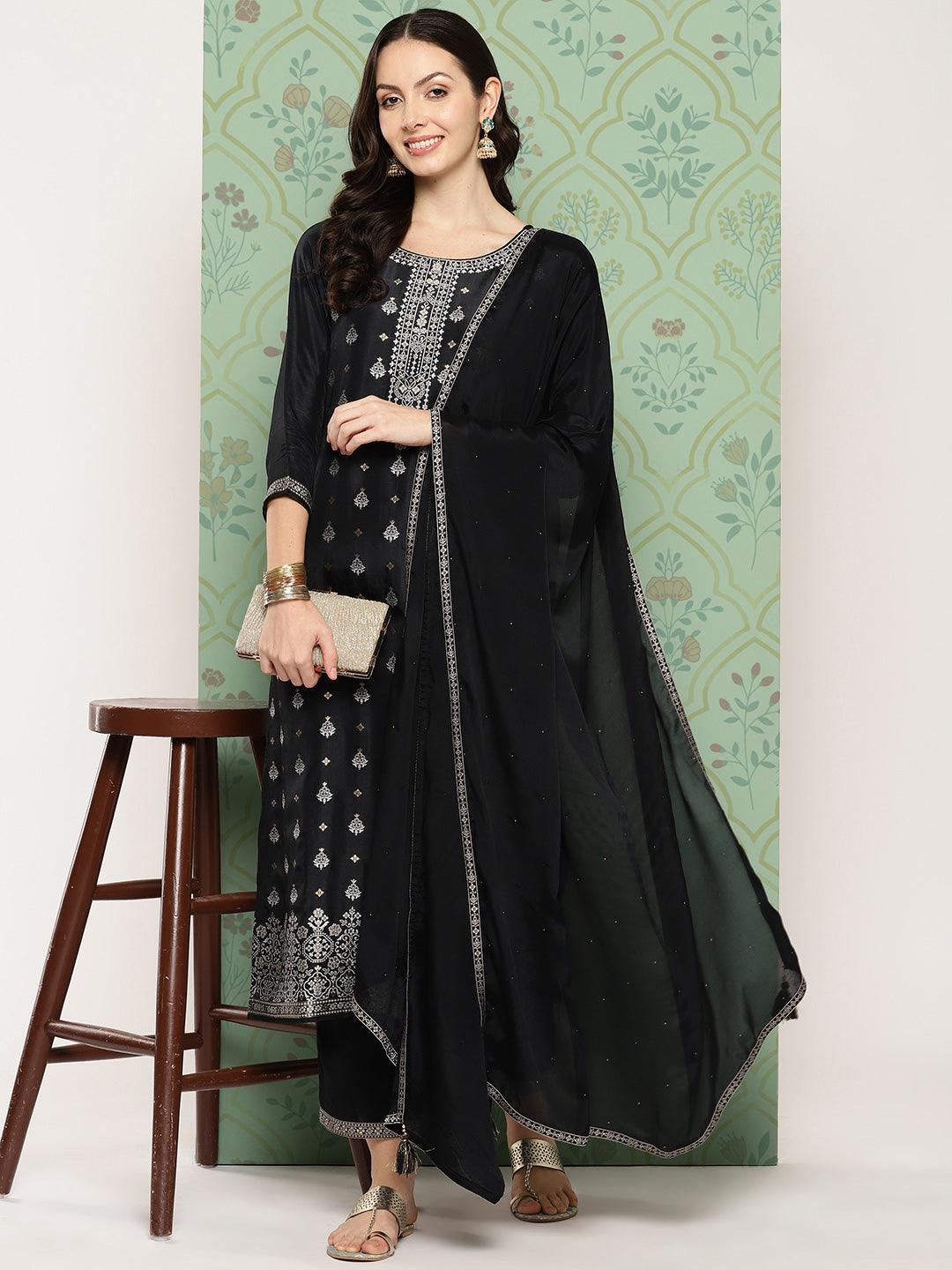 Black Woven Design Silk Blend Straight Kurta With Trousers & Dupatta - Jashvi