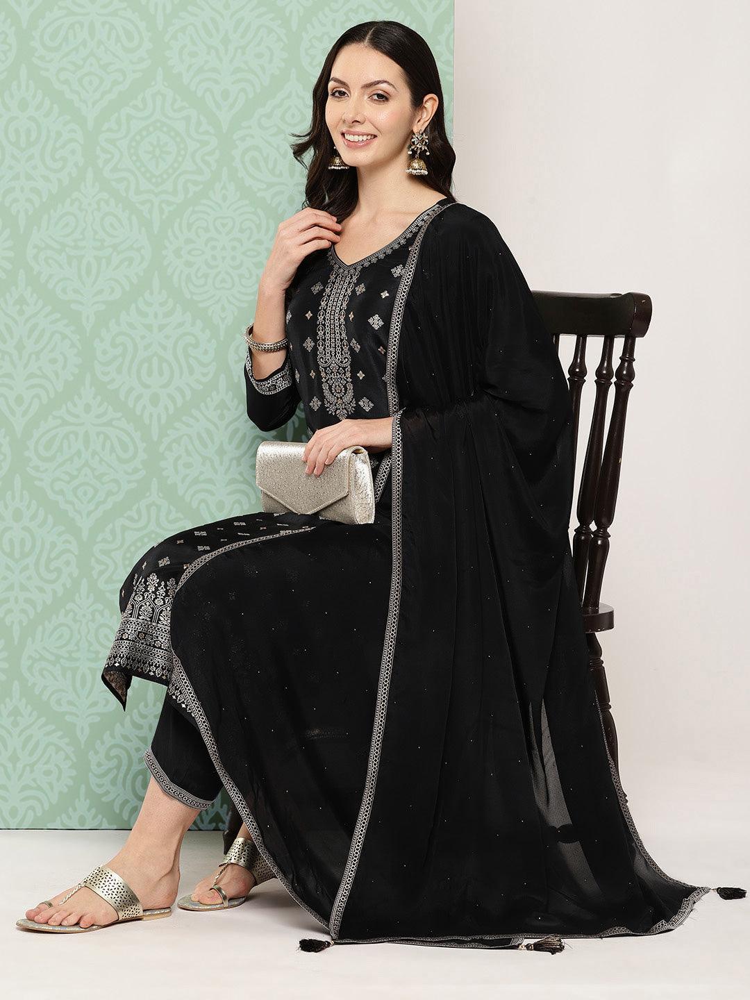 Black Woven Design Silk Blend Straight Kurta With Trousers & Dupatta - Jashvi