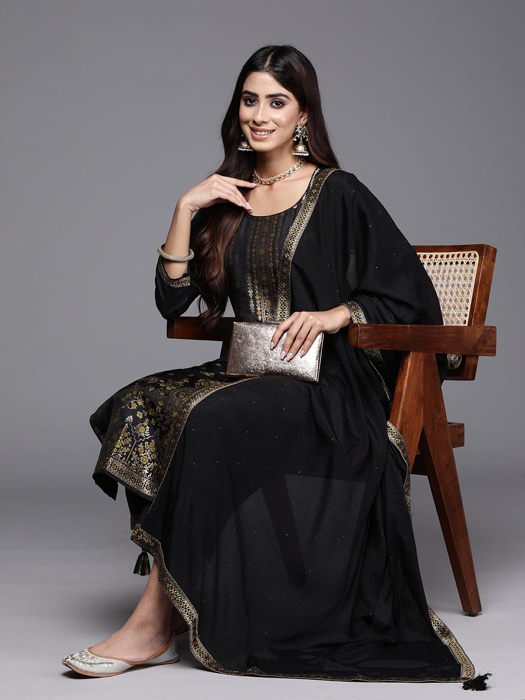 Black Woven Design Silk Blend Straight Kurta With Trousers & Dupatta - Jashvi