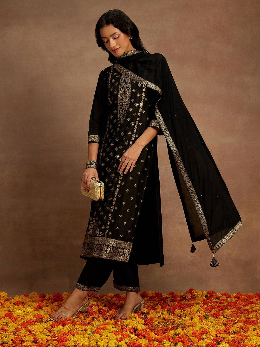 Black Woven Design Silk Blend Straight Kurta With Trousers & Dupatta - Jashvi