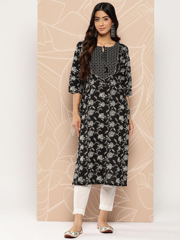 Black Yoke Design Cotton Straight Kurta - Jashvi