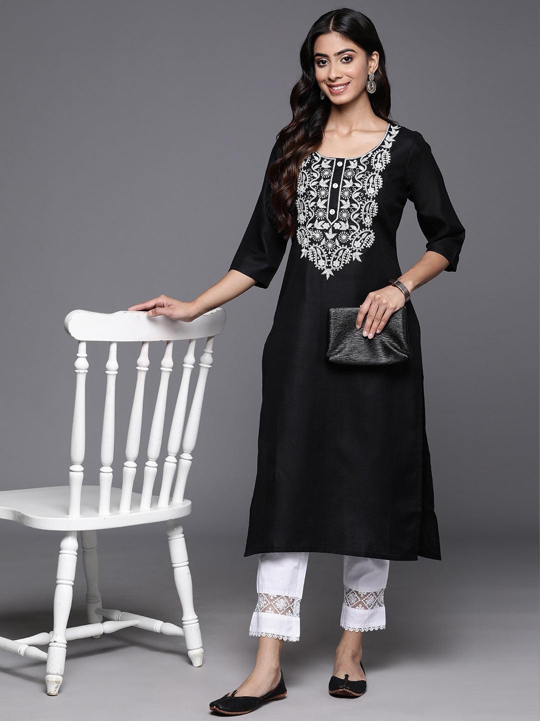 Black Yoke Design Cotton Straight Kurta - Jashvi