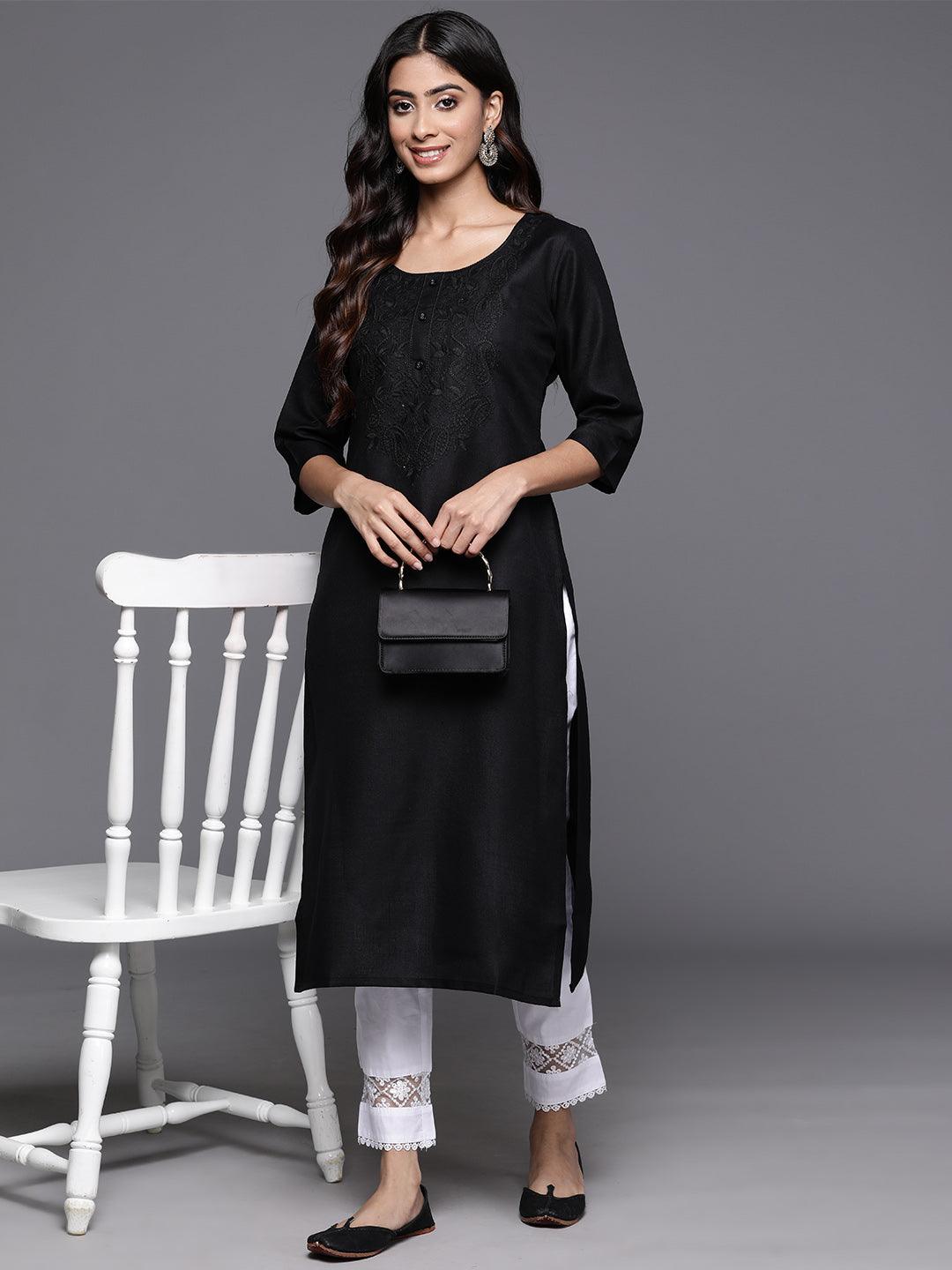 Black Yoke Design Cotton Straight Kurta - Jashvi