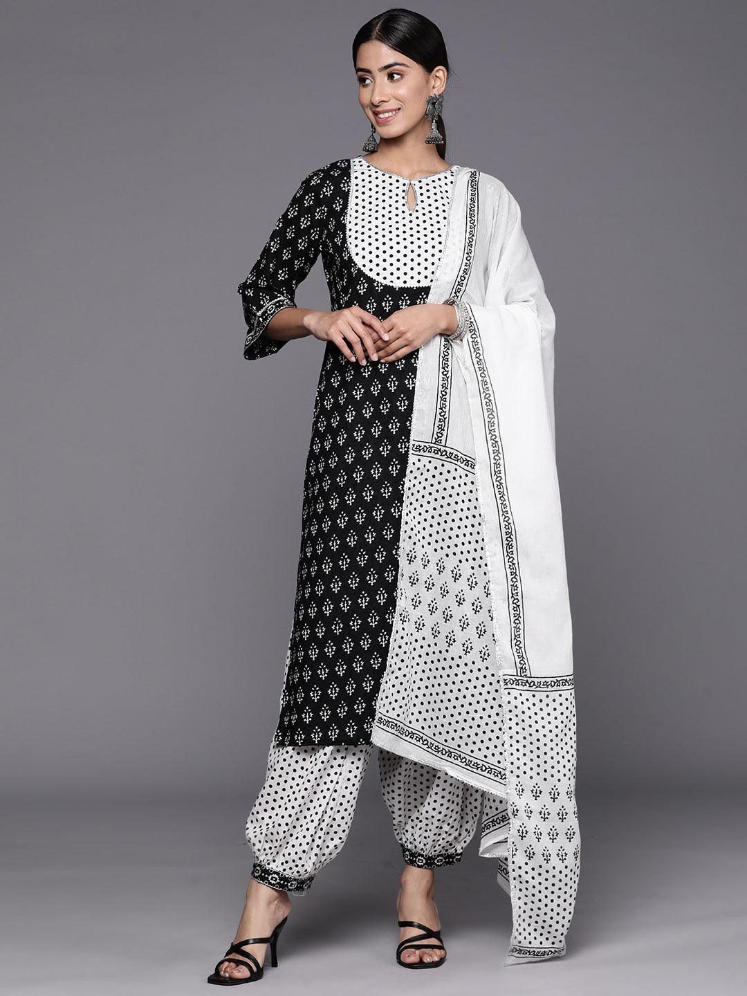 Black Yoke Design Cotton Straight Suit Set With Salwar - Jashvi