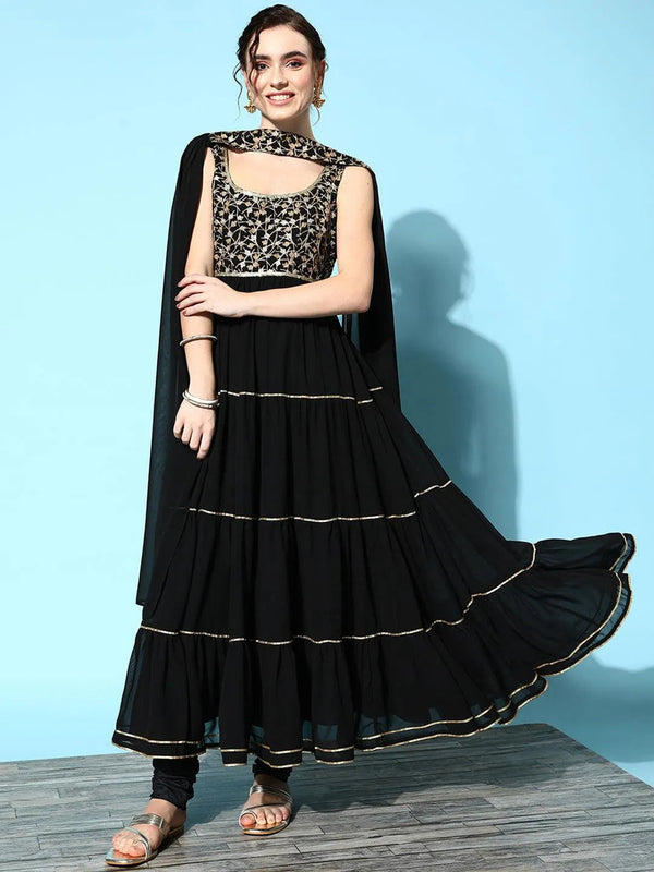 Black Yoke Design Georgette Anarkali Churidar Suit Set - Jashvi