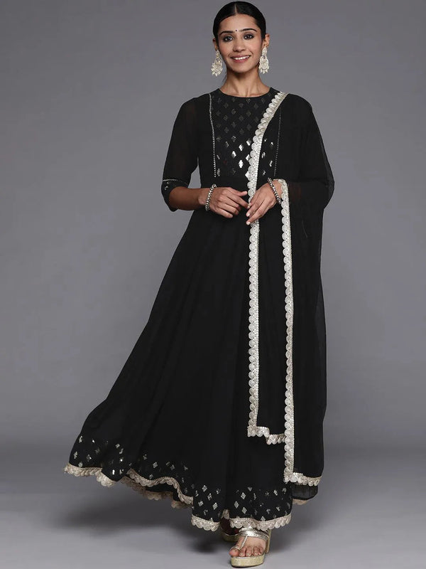 Black Yoke Design Georgette Anarkali Suit Set With Churidar - Jashvi