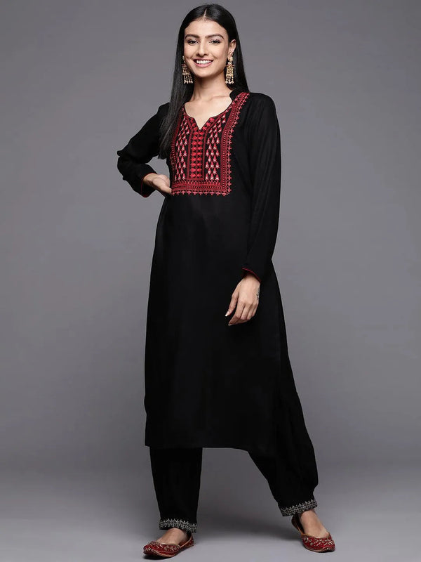 Black Yoke Design Pashmina Wool Straight Kurta - Jashvi