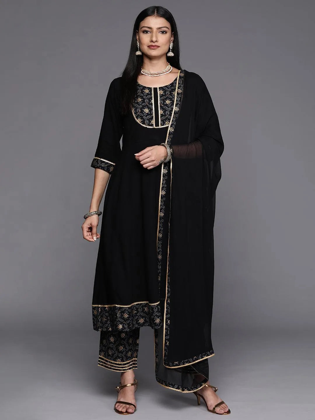 Black Yoke Design Rayon A-Line Suit Set With Trousers - Jashvi