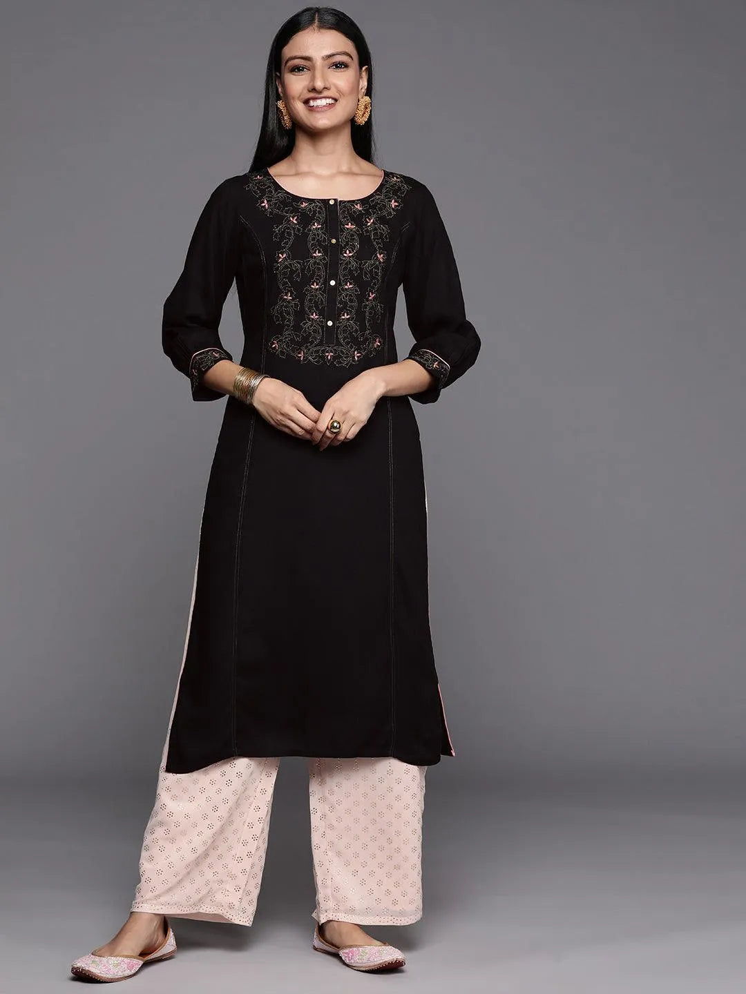 Black Yoke Design Rayon Straight Kurta - Jashvi