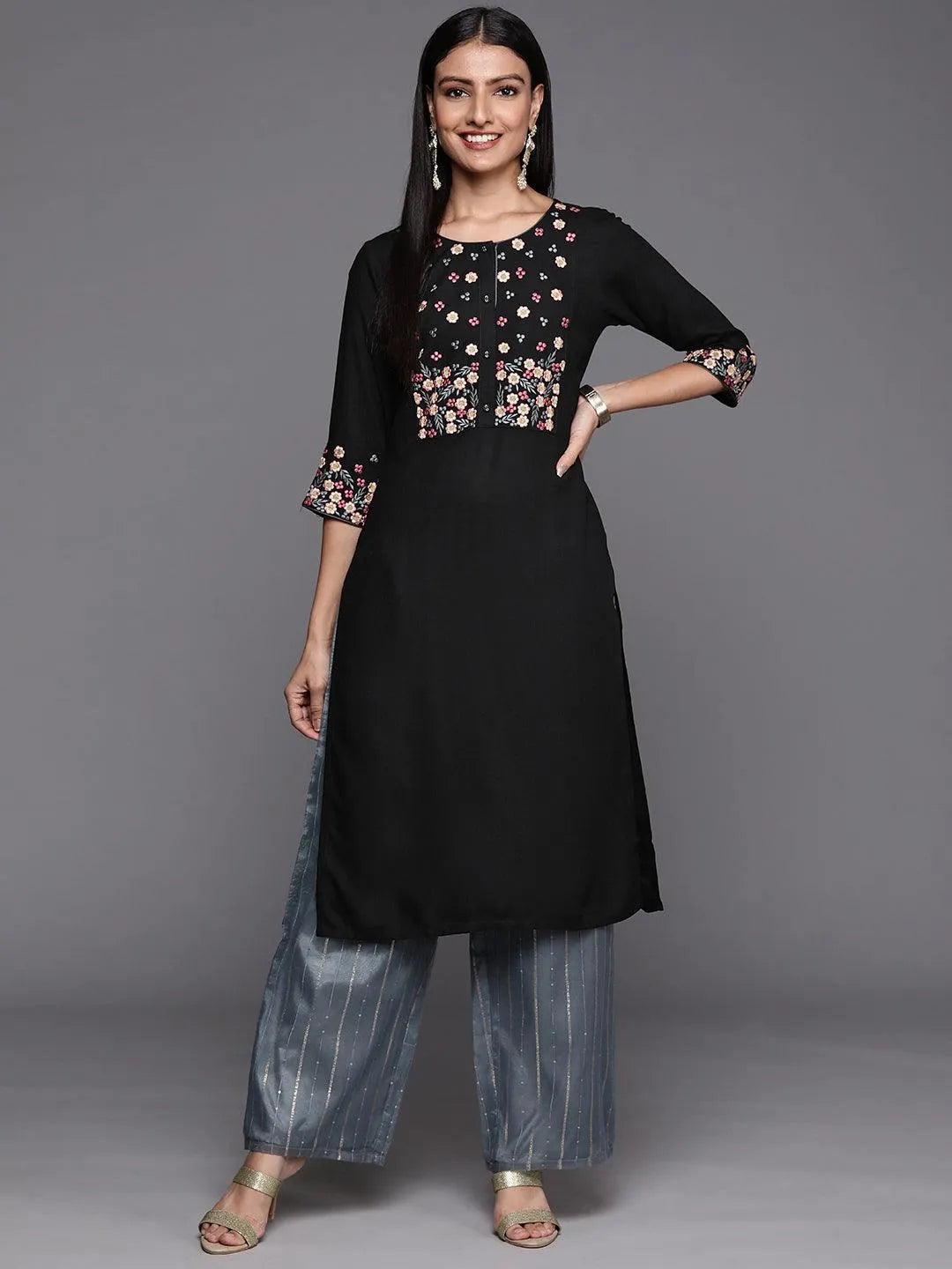 Black Yoke Design Rayon Straight Kurta - Jashvi