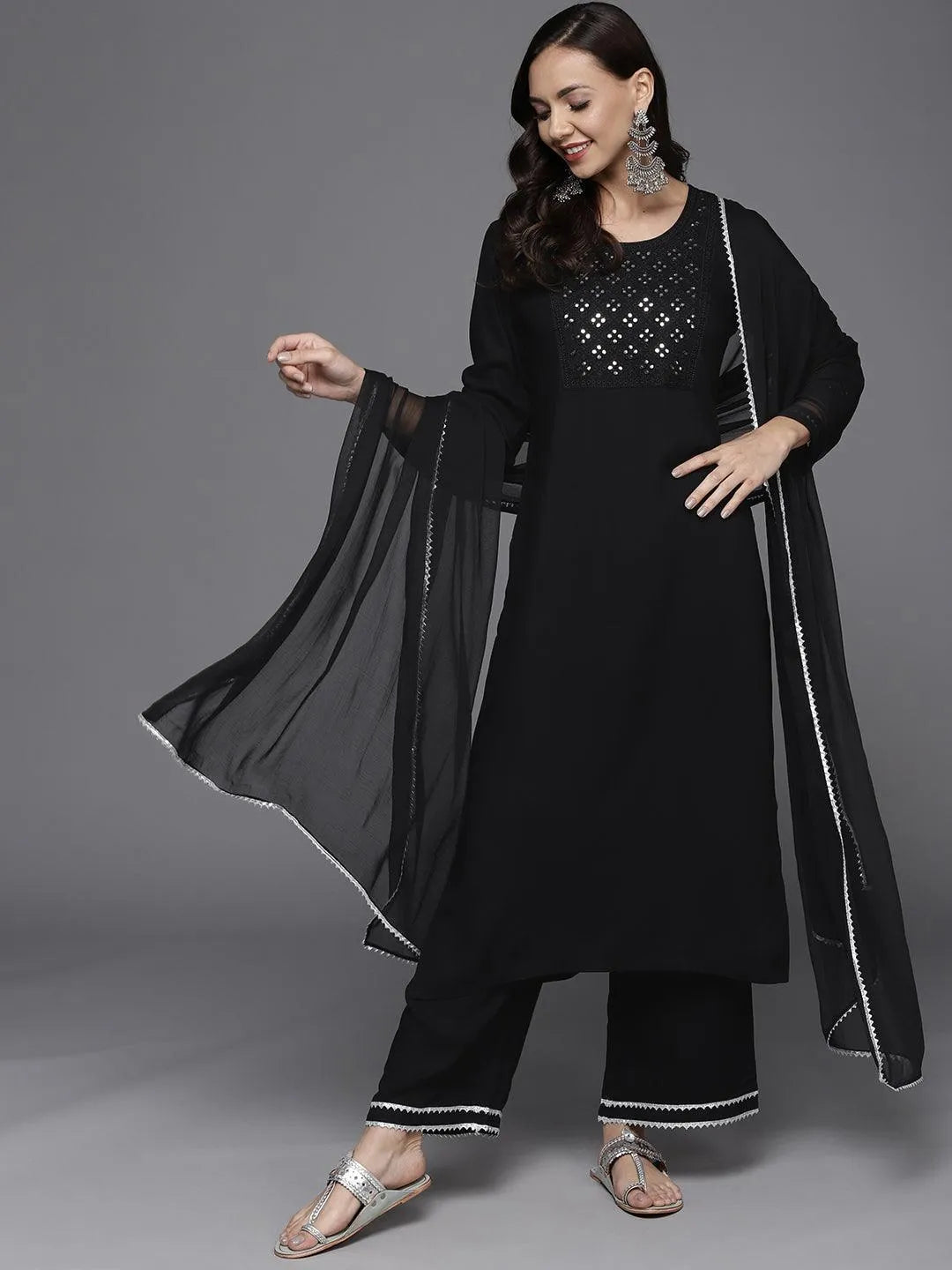 Black Yoke Design Rayon Suit Set - Jashvi