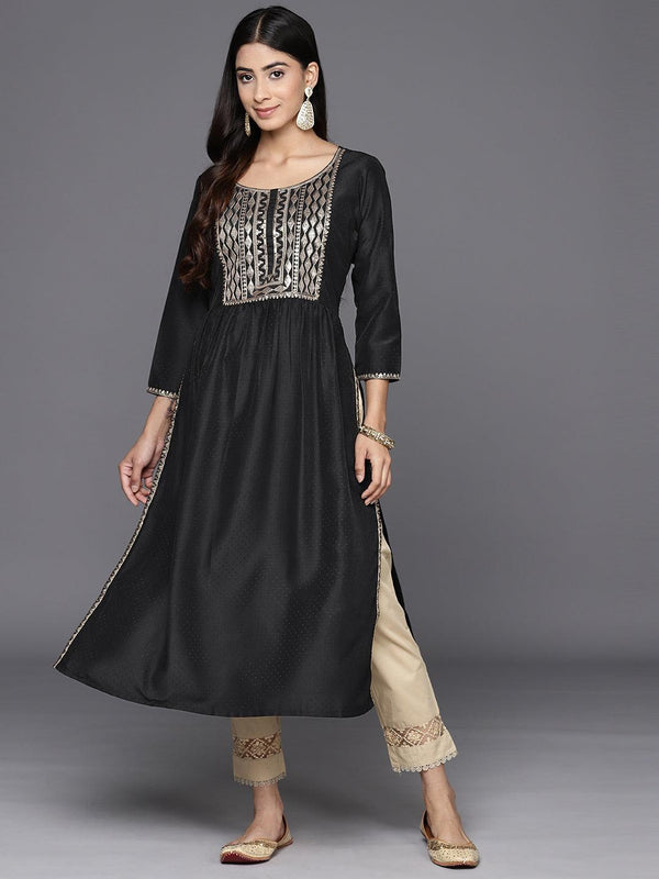 Black Printed Silk A-Line Kurta - Jashvi