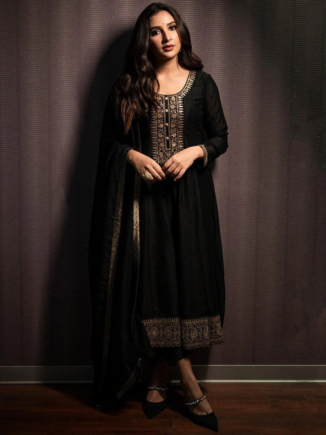 Black Yoke Design Silk Blend Anarkali Suit Set - Jashvi