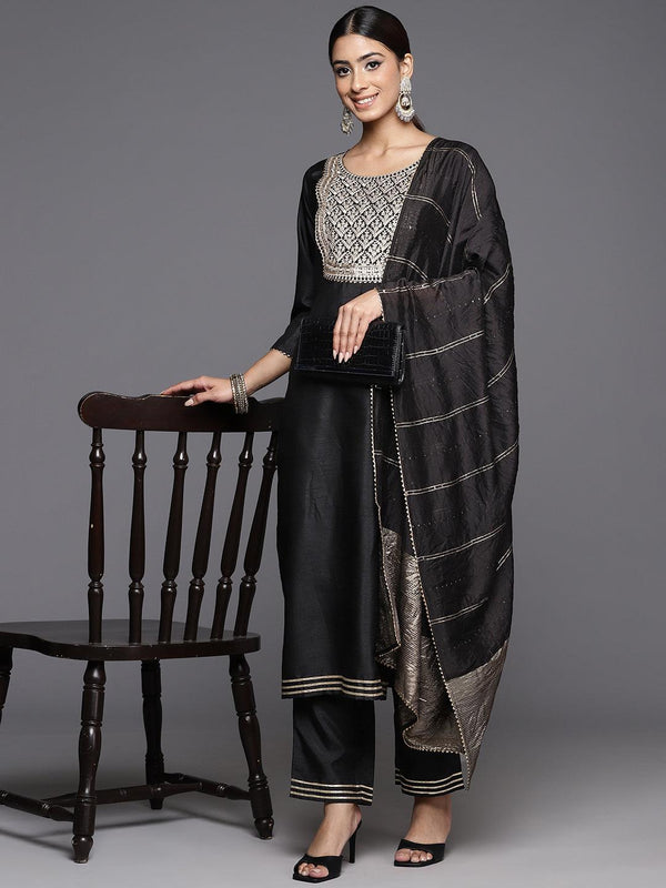 Black Yoke Design Silk Blend Straight Kurta With Palazzos & Dupatta - Jashvi