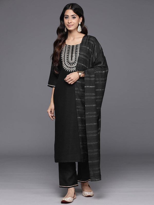 Black Yoke Design Silk Blend Straight Kurta With Trousers & Dupatta - Jashvi