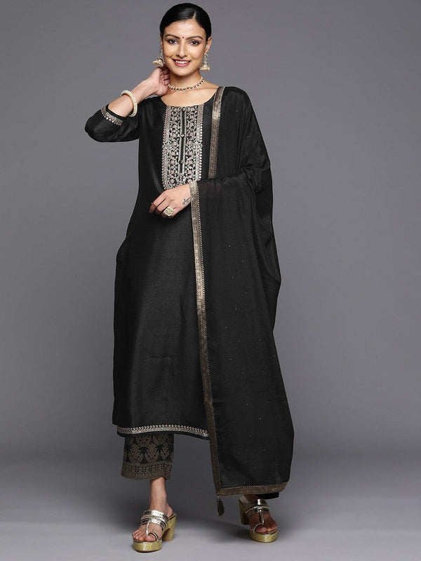 Black Printed Silk Blend Straight Kurta With Trousers & Dupatta - Jashvi