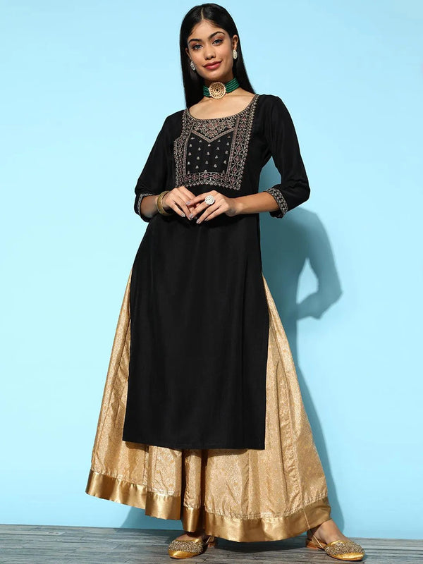 Black Yoke Design Silk Straight Kurta - Jashvi