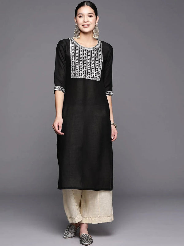 Black Yoke Design Silk Straight Kurta - Jashvi