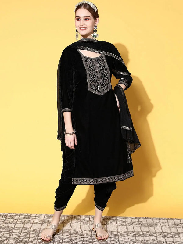 Black Yoke Design Velvet Straight Suit Set - Jashvi