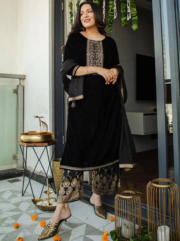 Black Yoke Design Velvet Straight Suit Set - Jashvi