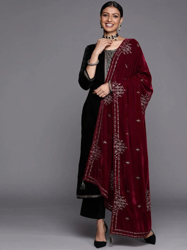 Black Yoke Design Velvet Straight Suit Set - Jashvi