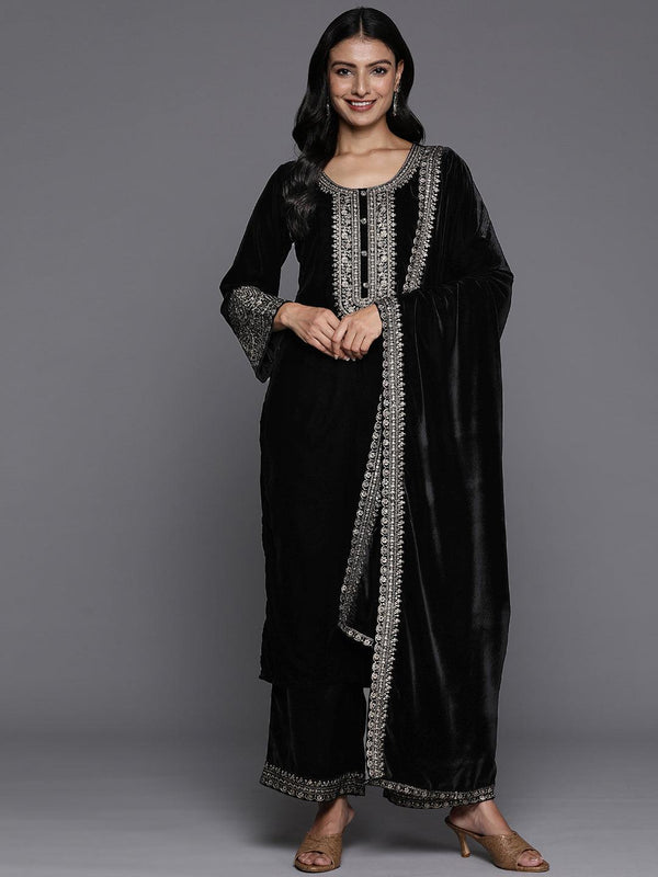 Black Yoke Design Velvet Straight Kurta With Palazzos & Dupatta - Jashvi