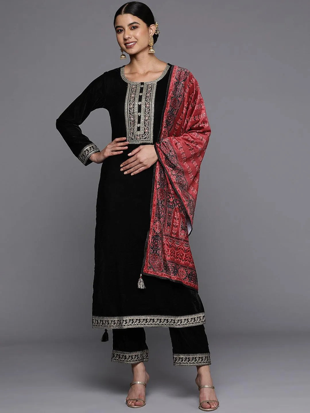 Black Yoke Design Velvet Straight Suit Set - Jashvi