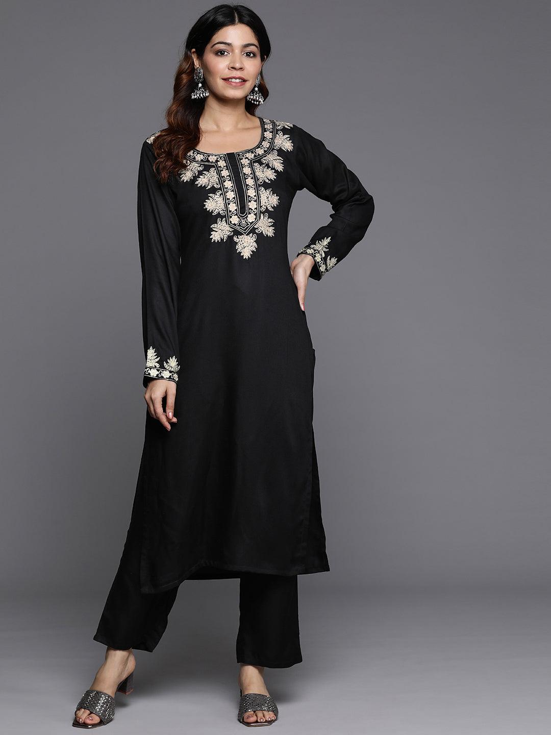 Black Yoke Design Wool Blend Straight Kurta With Palazzos - Jashvi