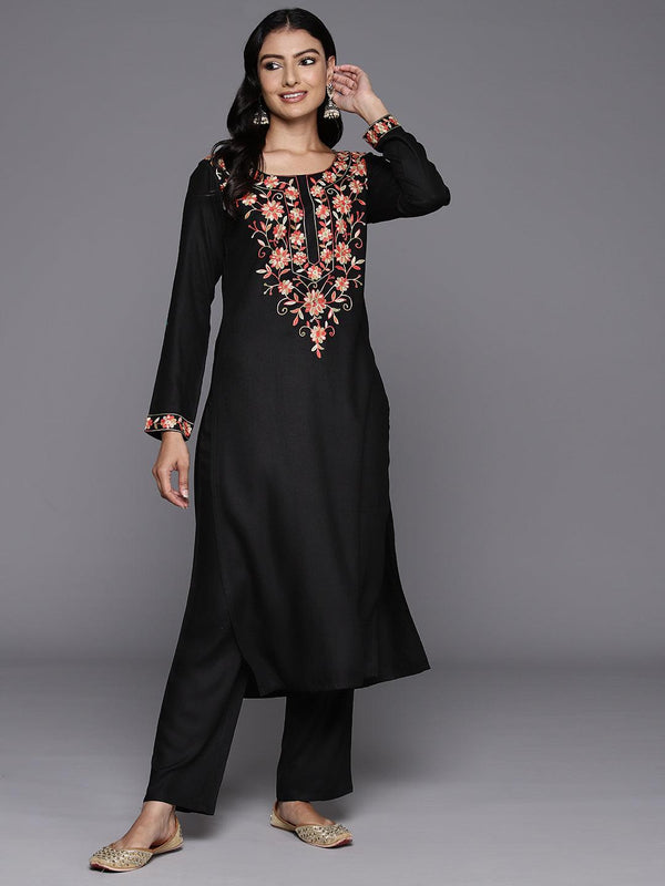 Black Yoke Design Wool Blend Straight Kurta With Palazzos - Jashvi