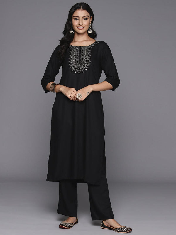 Black Yoke Design Wool Blend Straight Kurta With Trousers - Jashvi