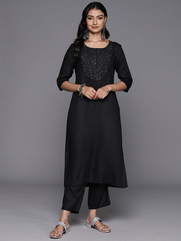 Black Yoke Design Wool Blend Straight Kurta With Trousers - Jashvi