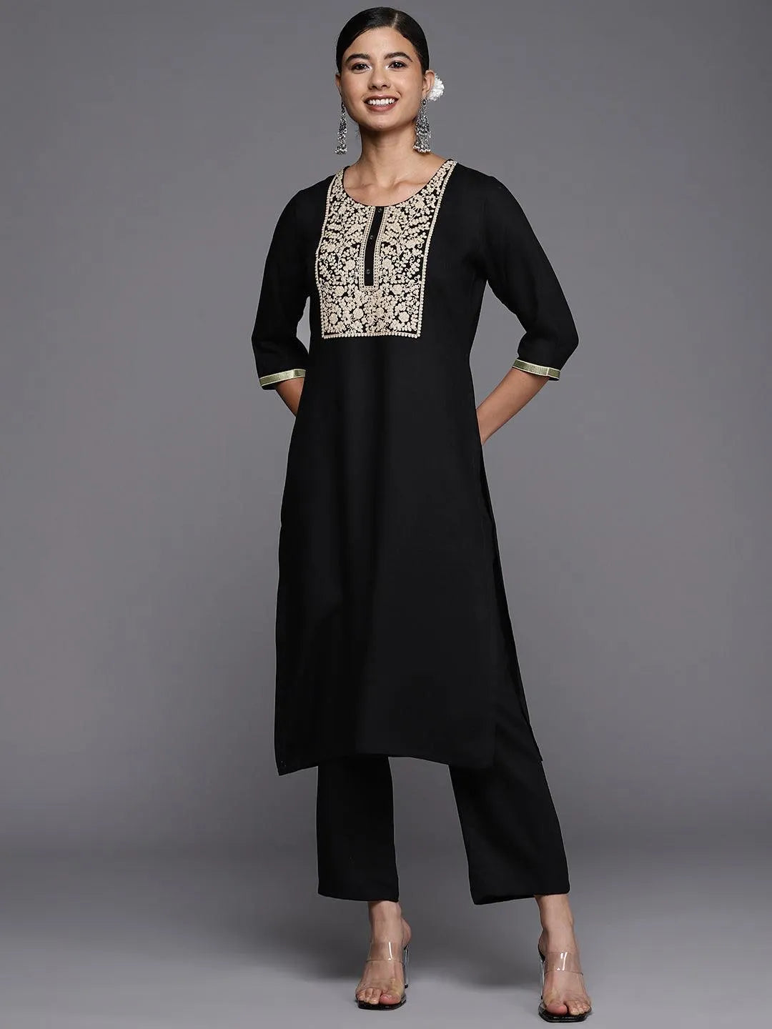 Black Yoke Design Wool Straight Kurta - Jashvi