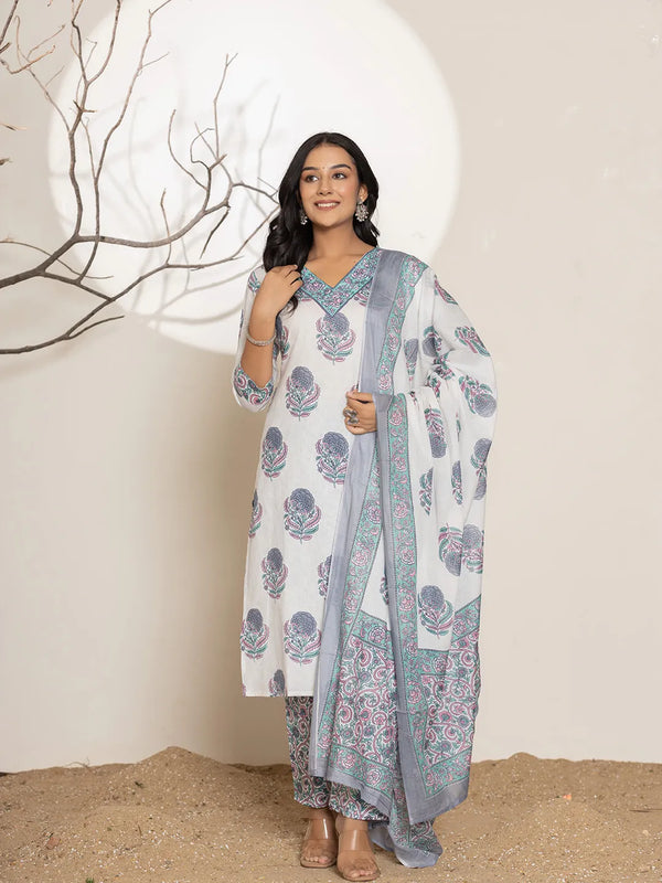 Blue & White Floral Print Cotton Straight Kurta Dupatta Set-Indiakreations-JS7002SKDBLS