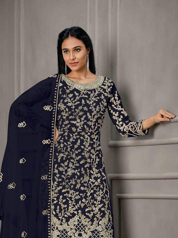 Women's Blue Butterfly Net Embroidered Kurta Set - Odette