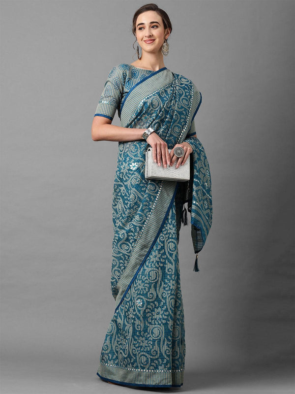 Women's Blue Casual Brasso Floral Print Saree With Unstitched Blouse - Odette