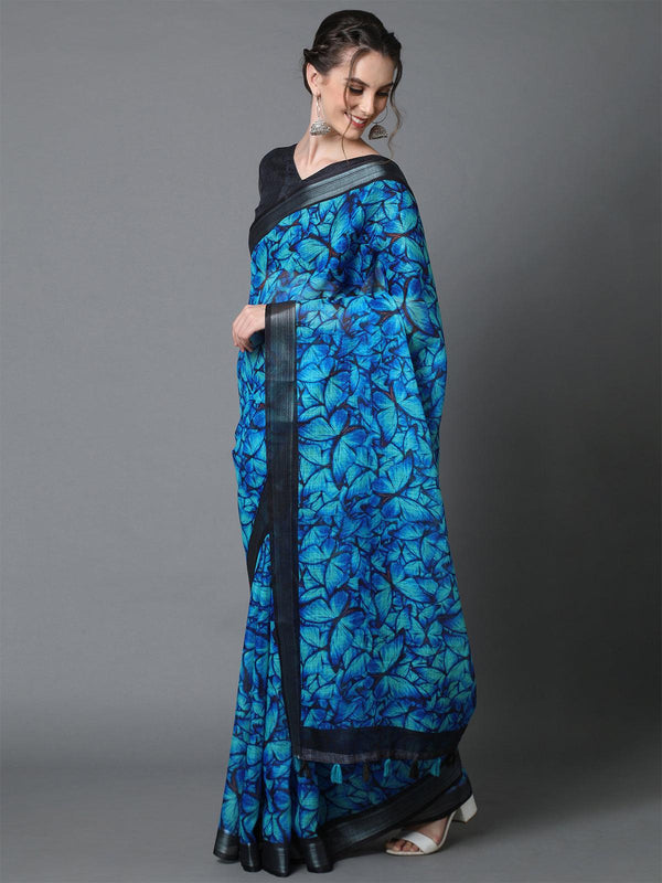 Women's Blue Casual Linen Printed Saree With Unstitched Blouse - Odette