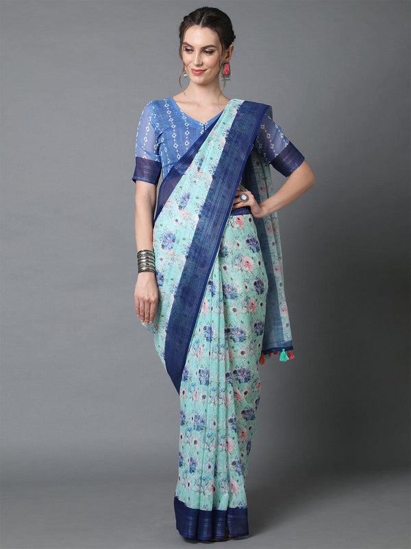 Women's Blue Casual Linen Printed Saree With Unstitched Blouse - Odette