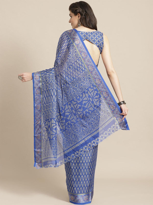 Women's Blue Casual Silk Blend Printed Saree With Unstitched Blouse - Odette