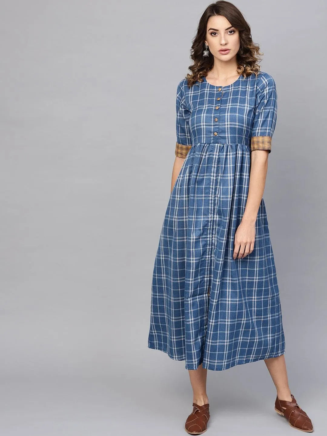 Blue Checkered Cotton Dress - Jashvi