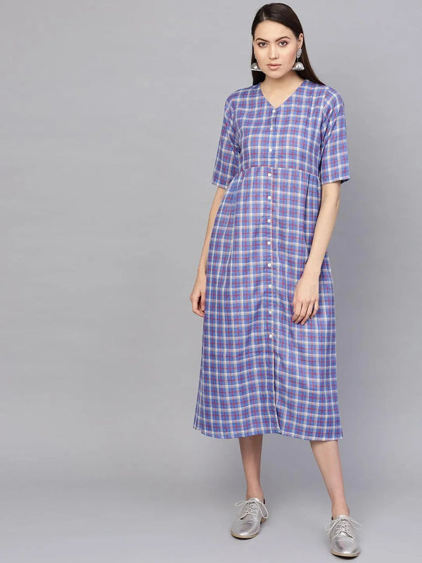 Blue Checkered Cotton Dress - Jashvi