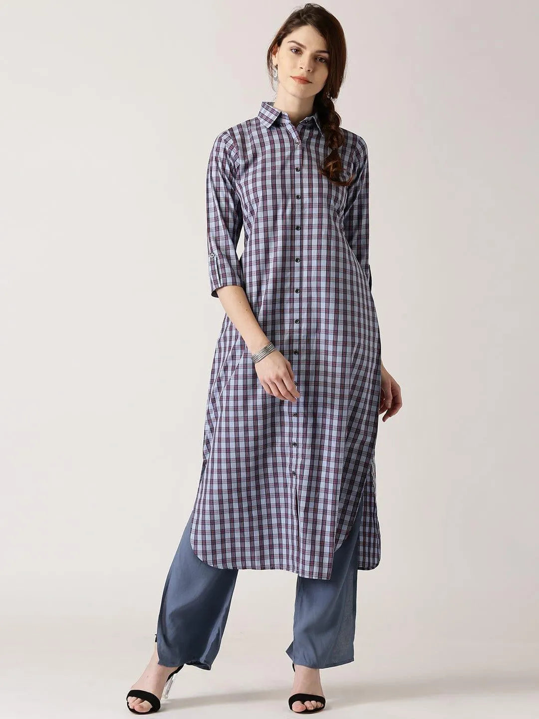 Blue Checkered Cotton Kurta - Jashvi