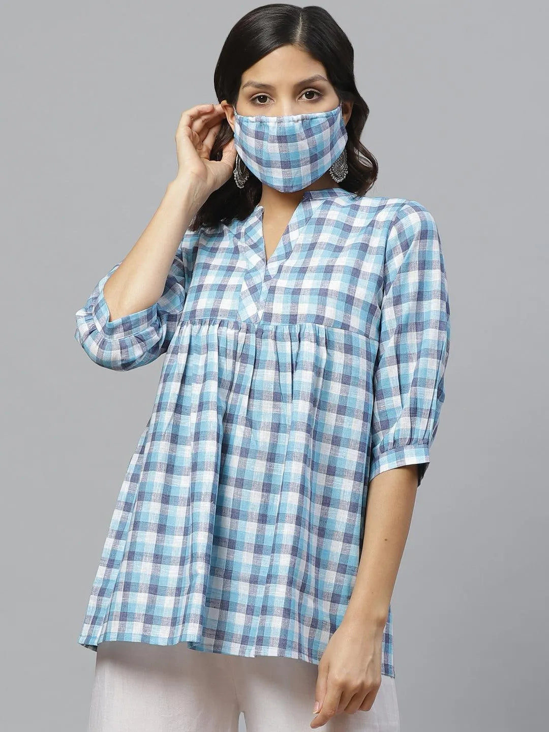 Blue Checkered Cotton Kurti With Mask - Jashvi