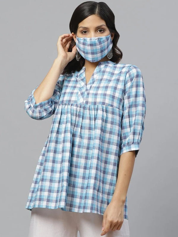 Blue Checkered Cotton Kurti With Mask - Jashvi