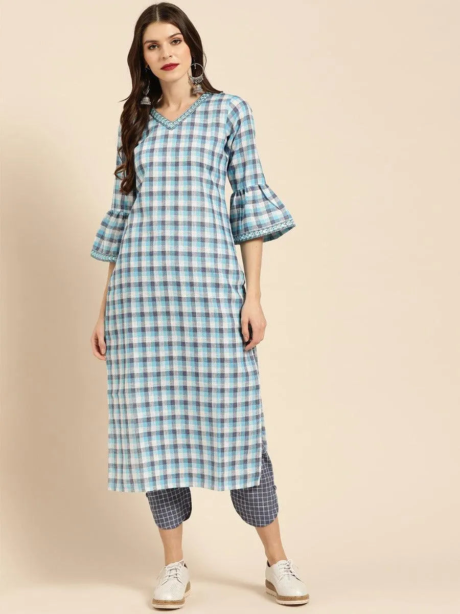 Blue Checkered Cotton Kurta Set - Jashvi