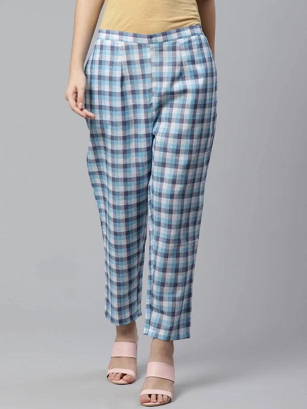 Blue Checkered Cotton Trousers - Jashvi