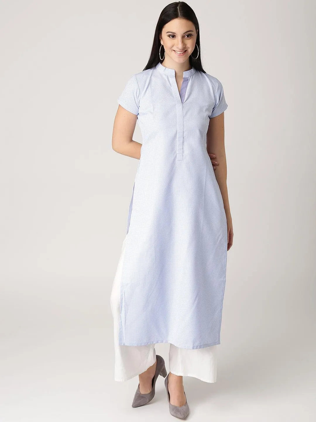 Blue Checkered Polyester Kurta - Jashvi