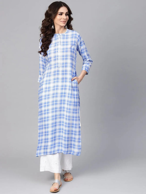 Blue Checkered Rayon Kurta - Jashvi