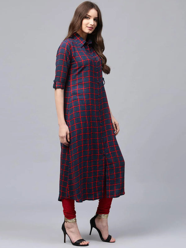 Blue Checkered Rayon Kurta - Jashvi