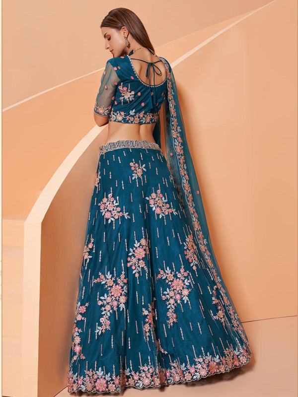 Women's Blue Color Net Base Heavy Designer Lehenga - Odette